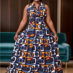 Elegant Blue and Orange Maxi Dress